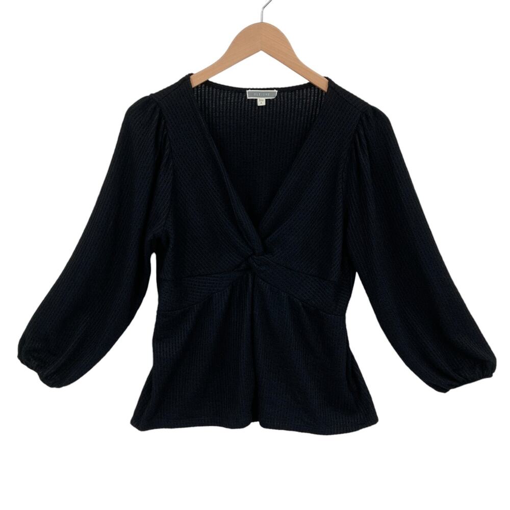 Pleione Peplum Blouse M Womens Black Textured Balloon Sleeve V Neck Twist Front